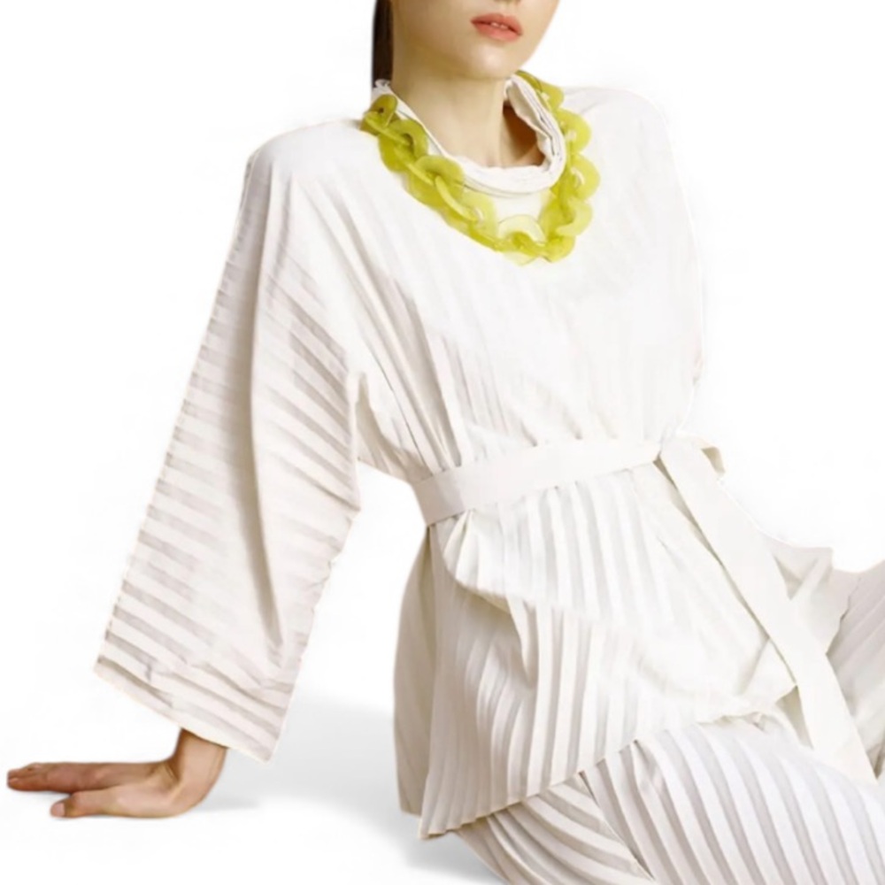Choice Minimalist Cream Pleated Tunic Top Kimono Sleeve Blouse Elegant Sz Large